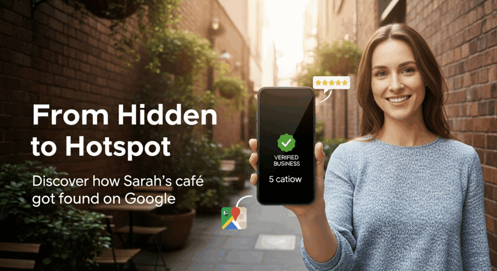 A smiling female café owner stands outside her cozy Melbourne laneway café, holding a phone showing her verified Google Business Profile with 5-star reviews.