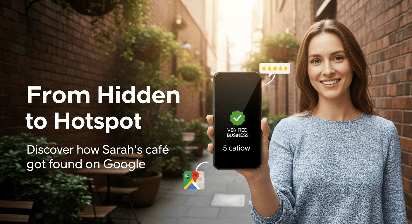 A smiling female café owner stands outside her cozy Melbourne laneway café, holding a phone showing her verified Google Business Profile with 5-star reviews.