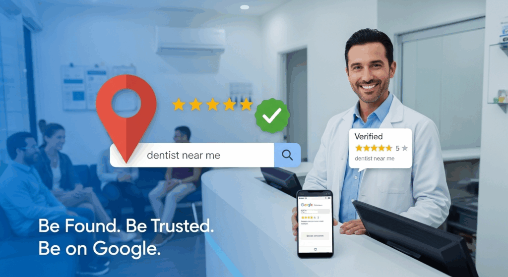 Smiling Australian dentist in a modern clinic holding a phone showing a verified Google Business Profile, with Google Maps pin and 5-star reviews visible in the background.