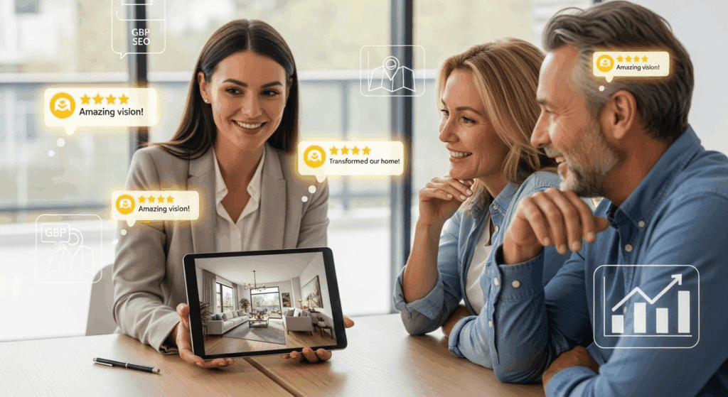 Interior design business ranked top in Google search results with GBP SEO service.