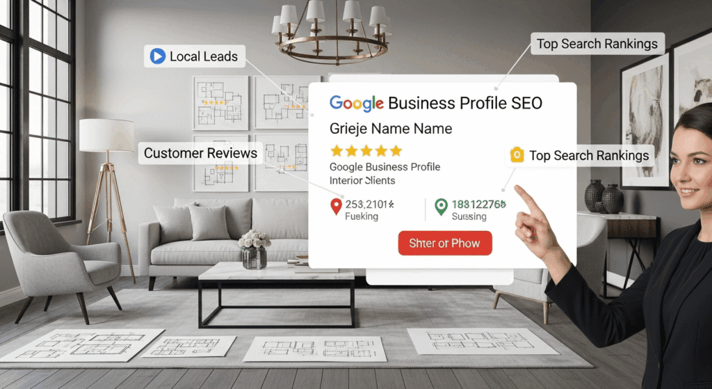 Interior design business ranked top in Google search results with GBP SEO service.