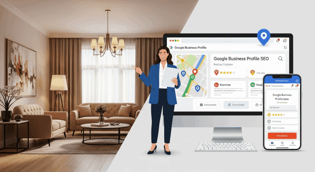 nterior designer using GBP SEO services on a tv to boost local visibility.