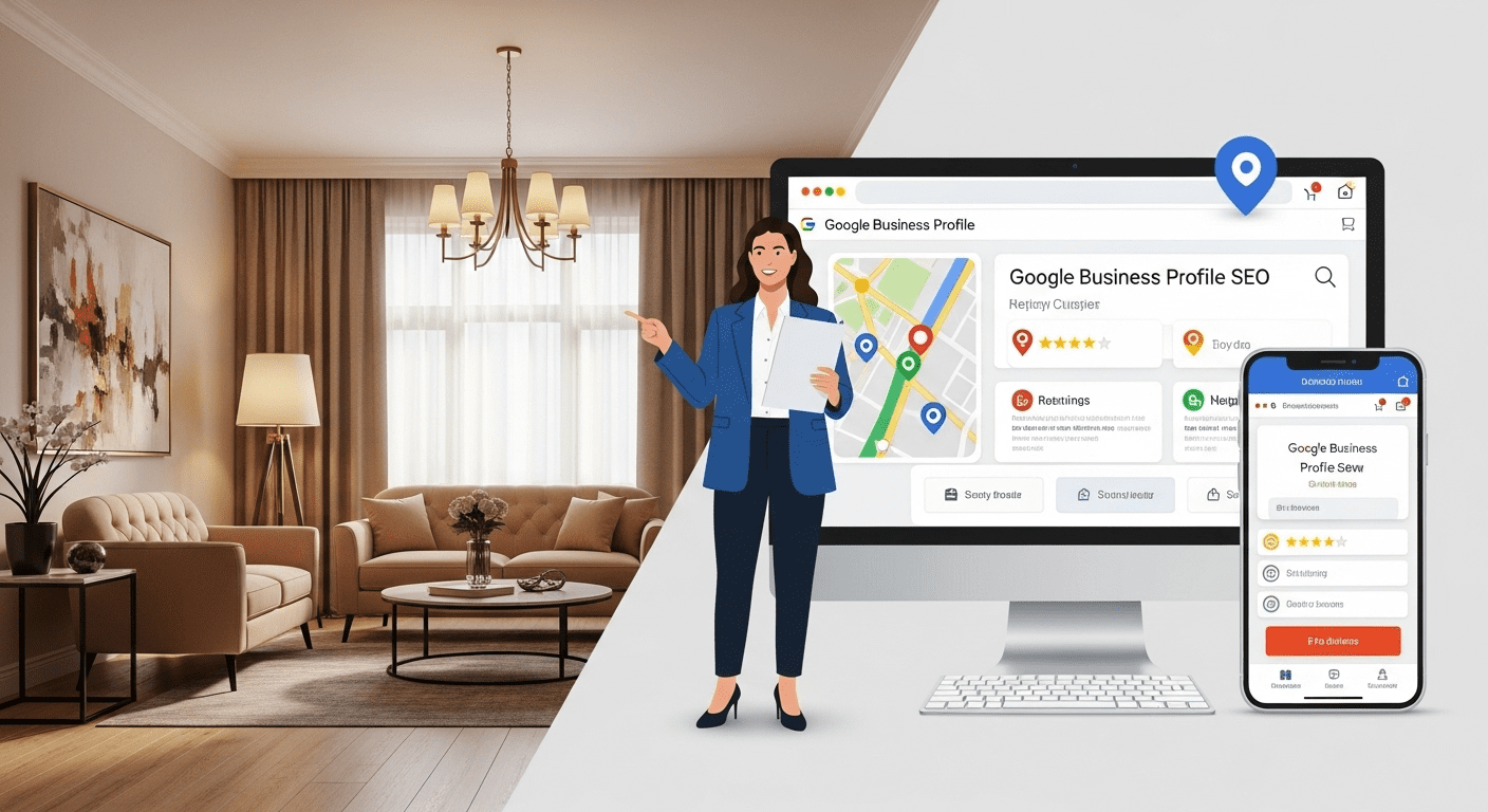 nterior designer using GBP SEO services on a tv to boost local visibility.