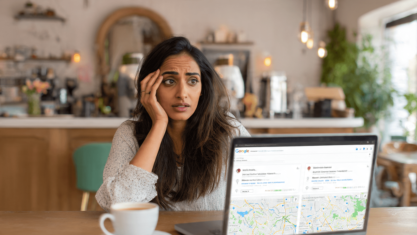 Salon owner shocked seeing two Google Business listings for her shop on laptop.