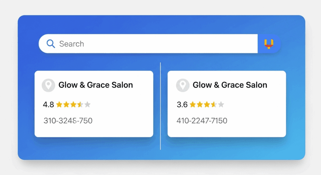 Confusing Google search results showing duplicate business listings splitting customer reviews.