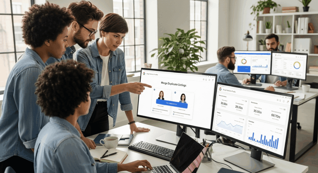 Digital marketing experts merging duplicate business listings on computer screens.