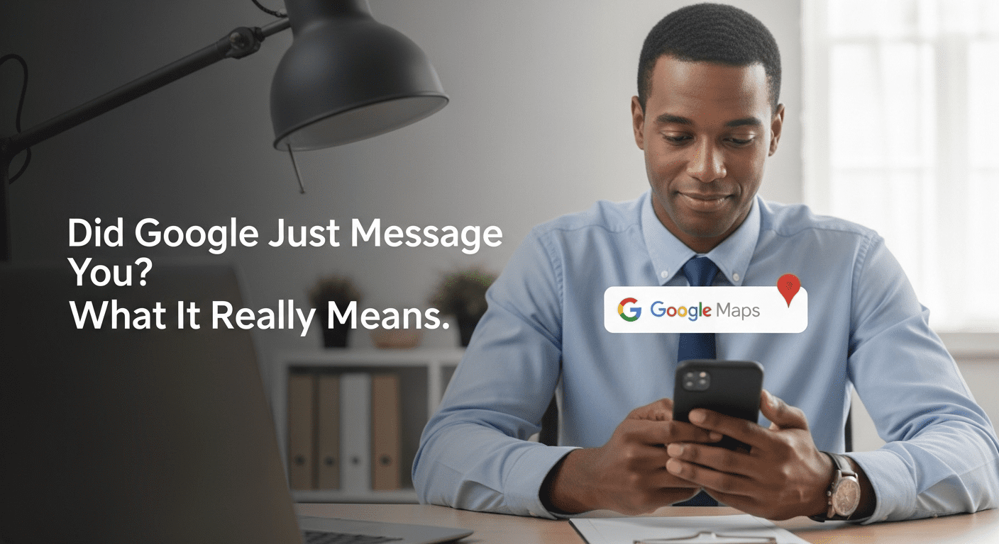 Business owner receiving a phone notification from Google Maps about business verification in a bright modern office.