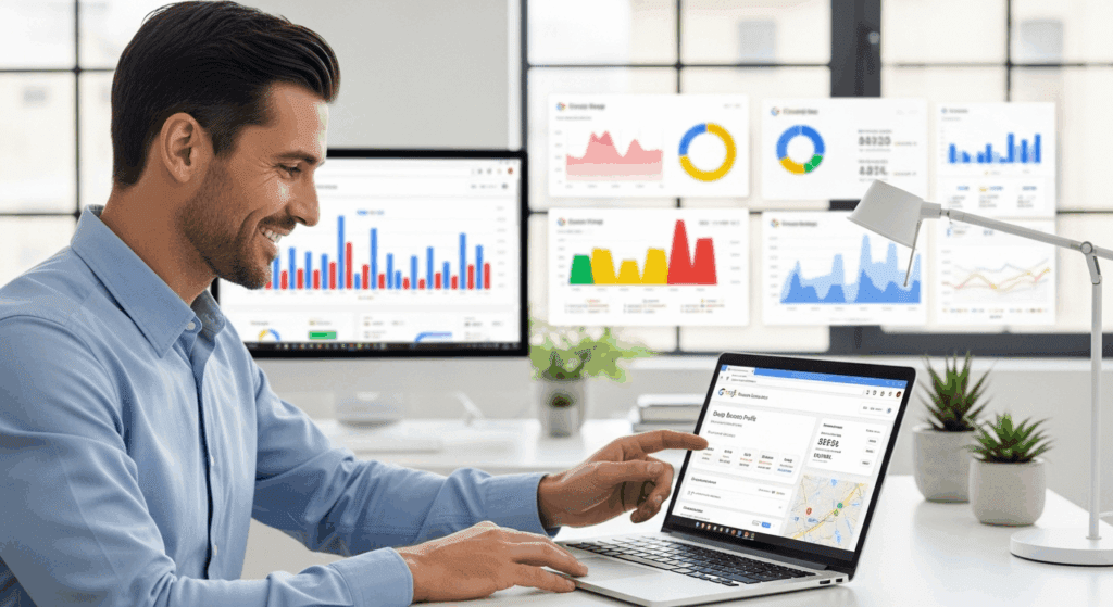 Digital marketing professional reviewing Google Business Profile analytics on a laptop to improve local SEO visibility.