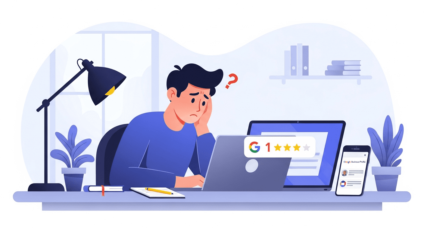 A stressed business owner looking at a laptop showing a sudden 1-star Google review notification in a modern office.