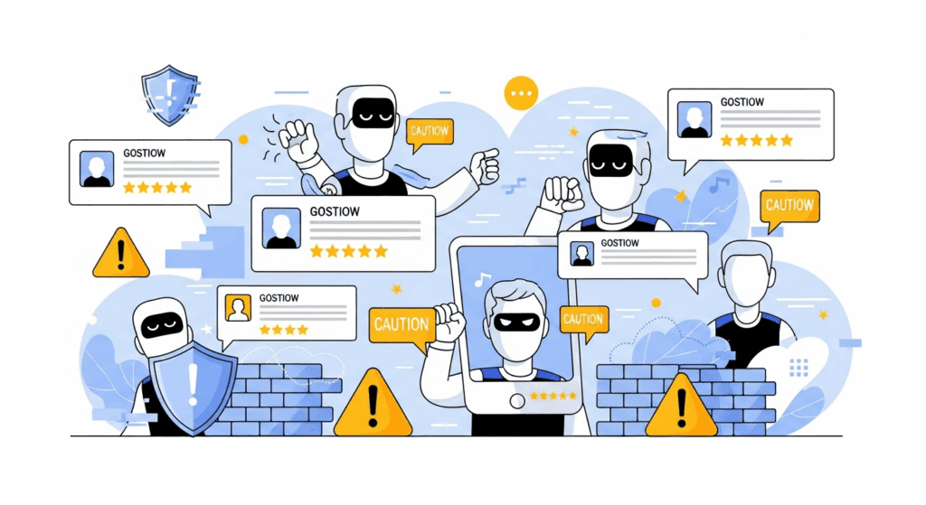 Anonymous spam bot profiles posting fake Google reviews with warning icons and cybersecurity elements.