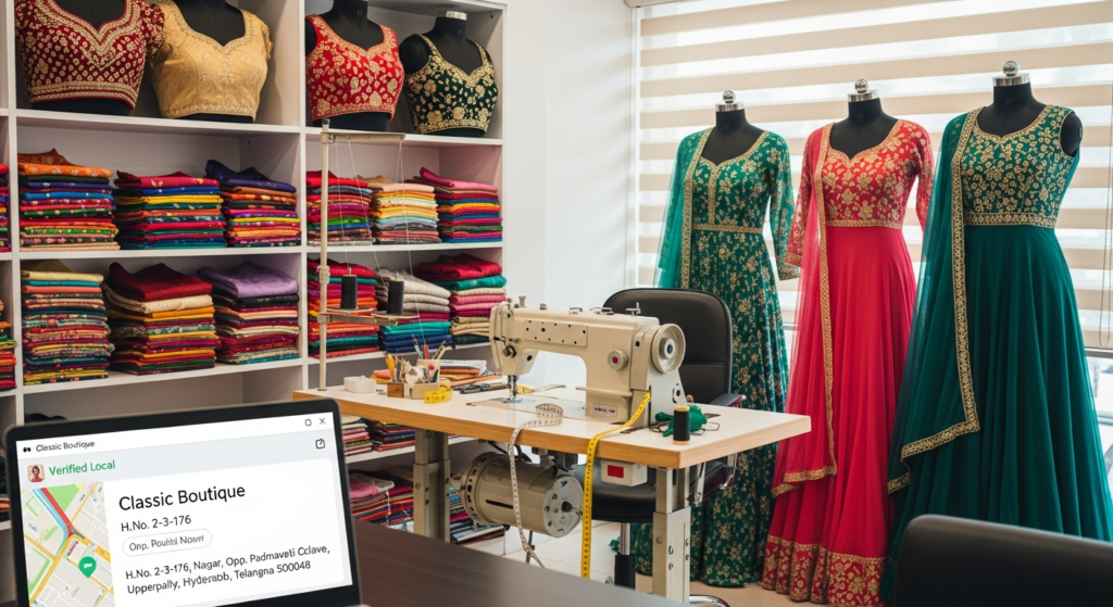 Modern women’s tailoring boutique with mannequins, fabrics, and a verified business listing on a laptop