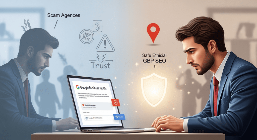 Business owner facing a Google Business Profile verification scam warning on a laptop