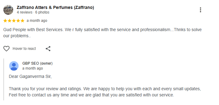Zaffrano Attars & Perfumes Client Testimonial for GBP Optimisation