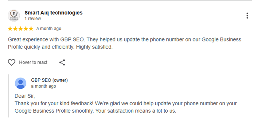 Customer review for SMART AiQ Technologies Google Business Profile support