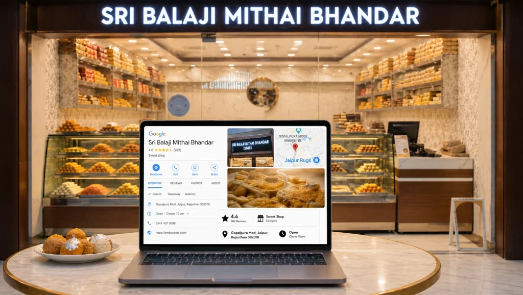Sri Balaji Mithai Bhandar Hyderabad Indian sweet shop interior with traditional sweets display