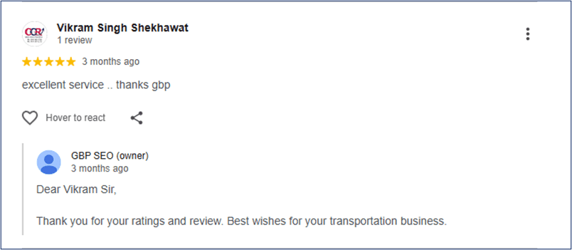 Google review from Vikram Singh Shekhawat for C C Roadlines