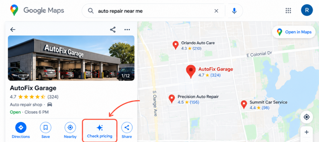 Google Maps showing a local car repair service business with the new AI-powered pricing feature for checking service prices and availability.