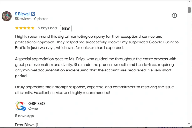 Client Feedback For GBP SEO Suspension recovery service.